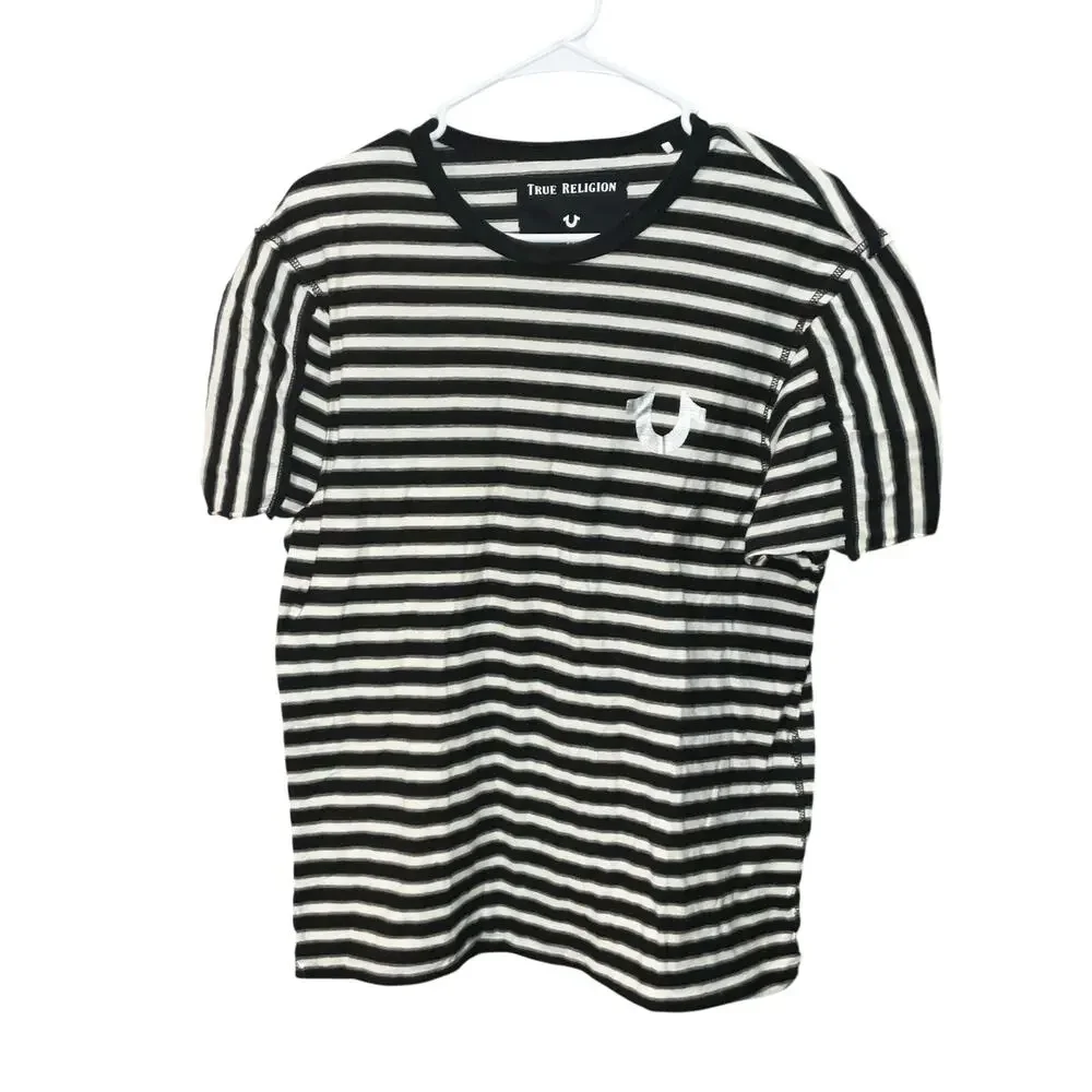 True Religion Black And White Stripe Crewneck Short Sleeve Shirt Size M